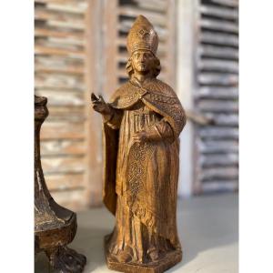 Old Wooden Bishop Statue Early 19th Century Wood Sculpture Religion Devotion Bishop