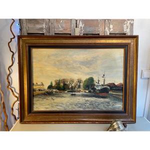 Gaston Sébire, School Of Rouen Oil On Canvas Bank Of The Seine Old Marine Painting Hst 20th