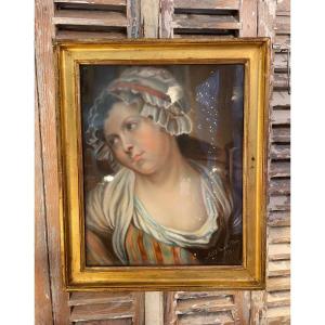Old Pastel Portrait Painting Signed And Dated XIX Eme Century After Greuze Girl Woman