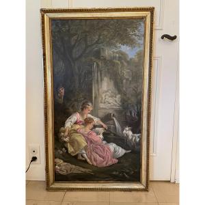 Old Large Oil Painting On Canvas Romantic Scene After F Boucher Late 19th Century Hst