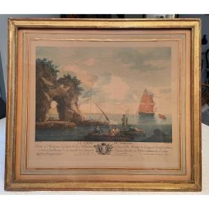 Gravure Ancienne Réhaussée époque XVIII Eme Siecle Par Vernet Et Le Gouaz le choix du poisson 