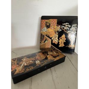 Duo Box And Pencil Case In Boiled Cardboard From Pont-à-moussen Napoleon III Chinese Decor 