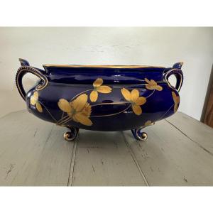 Old Small Planter In Bleu De Sèvres Porcelain Circa 1900 Art Nouveau 