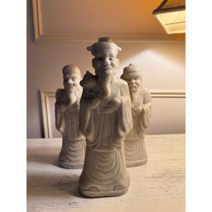 Ancient Trio Of Chinese Dignitaries Statue Sculpture In White Marble Early 20th Century