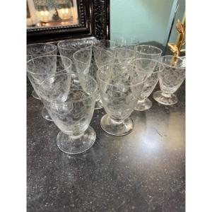 Old Service Of Engraved Crystal Glasses Art Deco Period Circa 1930 Water Glass Wine Glass