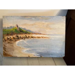 Old Oil Painting On Marine Panel Late 19th Century, By E Grosse Hsp Plage Guernsey Cobo