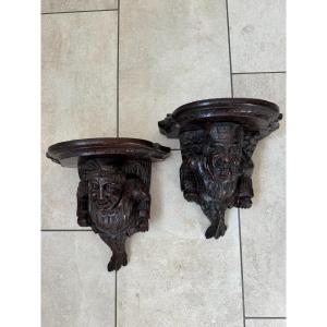 Old Pair Of Consoles Of Sconces In Carved Wood XIX Eme Wall Shelf Dlg Flemish XVII 