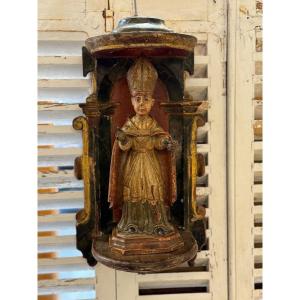 Rare Old Niche With Its Bishop In Gilded Wood And Polychrome Sacred Art Late 17th Century