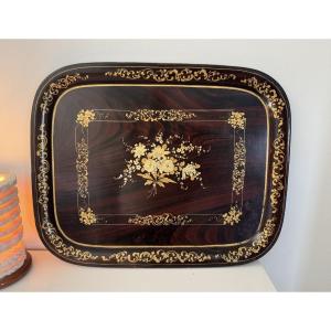 Ancien Plateau En Tôle Peinte à Décor Floral Napoleon III XIX Eme Tole Napoléon 3 