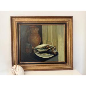 Antique Hsp Painting Still Life With Fish By Leonard Bordes Rouen School Normandy School