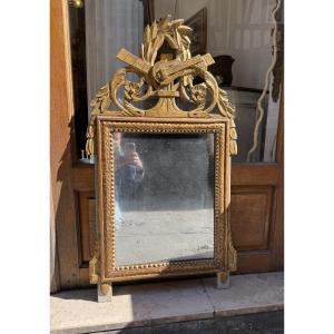 Ancien  Grand Miroir Louis XVI En Bois Doré Epoque Fin XVIII Eme Attributs De Musique 101 Cm