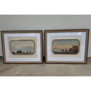 Antique Pair Of Marine Paintings Oil On Paper 19th Century By