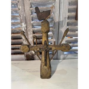Art Populaire, Ancienne Croix De Marinier En Bois Polychrome XVIII Eme Siècle Rare 