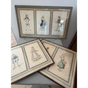 Ensemble De 7 Petites Aquarelles Vers 1900 Signé Fd Mode Et Métier
