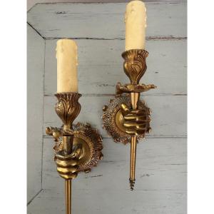 Ancienne Paire d' Appliques En Bronze Doré Dans Le Gout De Maison Bagues XX Eme Main Torche