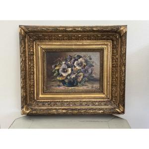 Ancien Tableau Huile Sur Panneau Nature Morte XIX Eme Les Pensées Au Vase, Fleurs Pensées Signé