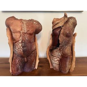 Antique Pair Of 20th Century Plaster Busts In Flayed Form, Signed, Vintage Plaster, Curiosity 