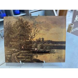 Old Small Painting Oil On Mahogany Panel Late 19th Century By A Roueff Hsp Barbizon 2