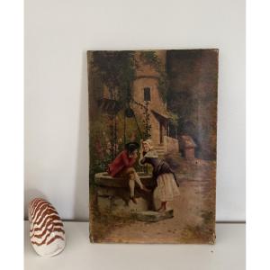 Old Small Painting Showing A Gallant Scene, Oil On Canvas, Late 19th Century Hst Leon Gambey