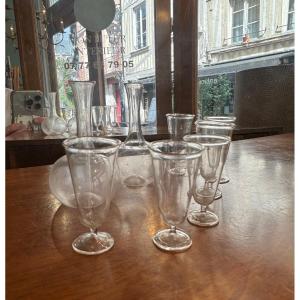 Miniature Glass Dollhouse Set: 6 Stemmed Glasses 2 Carafes In Perfect Condition 