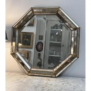 Antique Octagonal Venetian Mirror With Pareclose, Circa 1970, Vintage