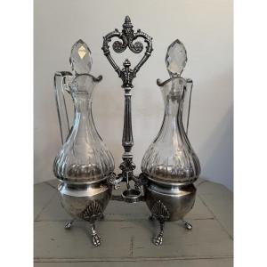 Antique Silver-plated Metal Servant, 19th Century, Louis XV Style, Crystal, Oil And Vinegar Cruet 