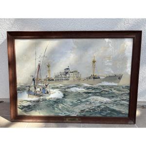 Ancienne estampe rehaussée Marine par A Brenet XX eme peintre de marine tableau ancien cargo