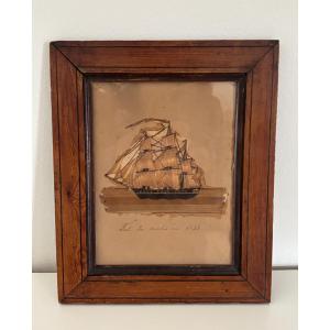 Old Frame Of A Small Marine Painting Of A Ship In Straw Marquetry From The Late 19th Century 