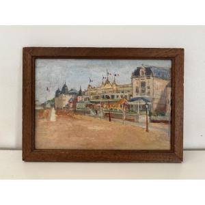Ancien petit tableau Trouville huile sur panneau vers 1900 HSP marine bord de mer