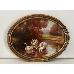 Tableau ancien les cygnes par vers 1920 art nouveau huile sur panneau par R Sutter