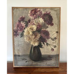Ancien tableau huile sur toile HST fleurs nature morte fin XIX eme siècle : le bouquet signé