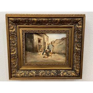 Antique Small Oil Painting On Mahogany Panel: The Ambush, Late 19th Century