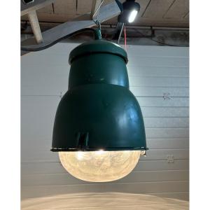 Ancienne et grande lanterne industrielle en tole verte Philips NVF vers 1950 lustre loft indus