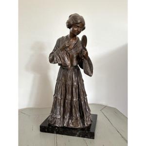 Ancienne statue sculpture en bronze patiné la jeune fille au miroir vers 1920 art nouveau