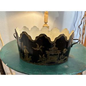 Ancien rafraichissoir en tôle peinte decor aux chinois  fin XIX eme siècle corbeille pot 