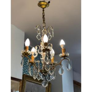 Ancien lustre à pampilles en cristal et bronze fin XIX eme siecle vers 1900 pendeloques 5 feux