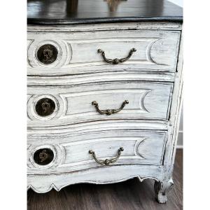 Ancienne Commode Louis XV galbée d' epoque XVIII eme siècle patinée bois peint 
