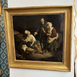 Tableau ancien , ecole française fin XVIII eme d'apres Greuze : la presentation du dernier né 
