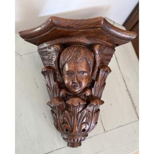 Ancienne petite console d'applique d' angle au cherubin vers 1900 putti putto ange bois sculpté