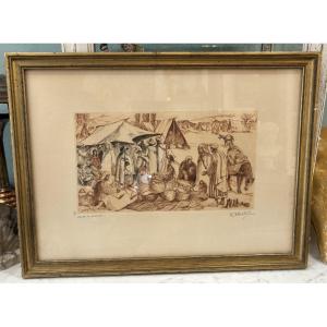 Ancienne gravure orientaliste le souk à Miriat par Edmond  Vales debut XX eme tableau ancien
