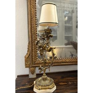 Antique Napoleon III Art Nouveau Bronze Lamp With Cherub And Butterfly Late 19th Century