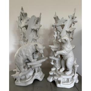 Ancienne et grande paire d'ours polaires en biscuit de porcelaine , vers 1900. Ours blanc 36 cm