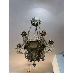 Ancien lustre gothique fin XVIII eme ou début XIX eme en bronze dépoli 5 feux