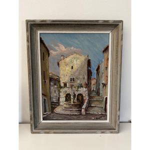 Old Painting Oil On Panel Ecole Provençale J Baracco Saint Paul De Vence La Fontaine XX