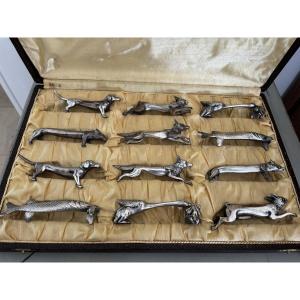 12 Art Deco Silver-plated Metal Animal Knife Rests In The Style Of Sandoz Rabier 1930