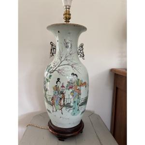 Ancien grand vase polychrome monté en lampe porcelaine de Chine fin du XIX eme siecle