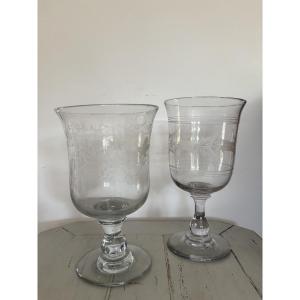 Pair Of Large Norman Glasses Known As "engraved Wedding Glasses," Late 19th Century Folk Art