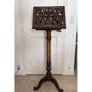 Antique Mahogany Music Stand For Duet Performers From The 19th Century, Featuring Musical Motifs And Gilded Woodwork