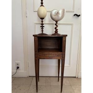 Antique Small Directoire-style Nightstand With Marquetry Trim; A Small Side Table Between The Two