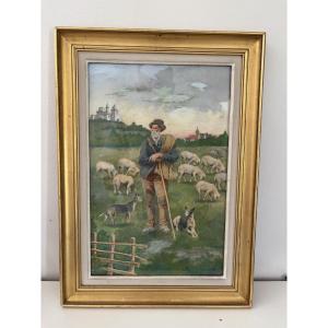 Ancien petit tableau à la gouache, scène pastorale vers 1900 vendu encadré